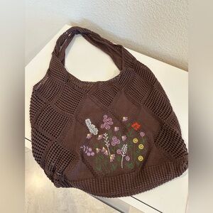 Knitted Tote Shoulder Handbag with Embroidered Flowers